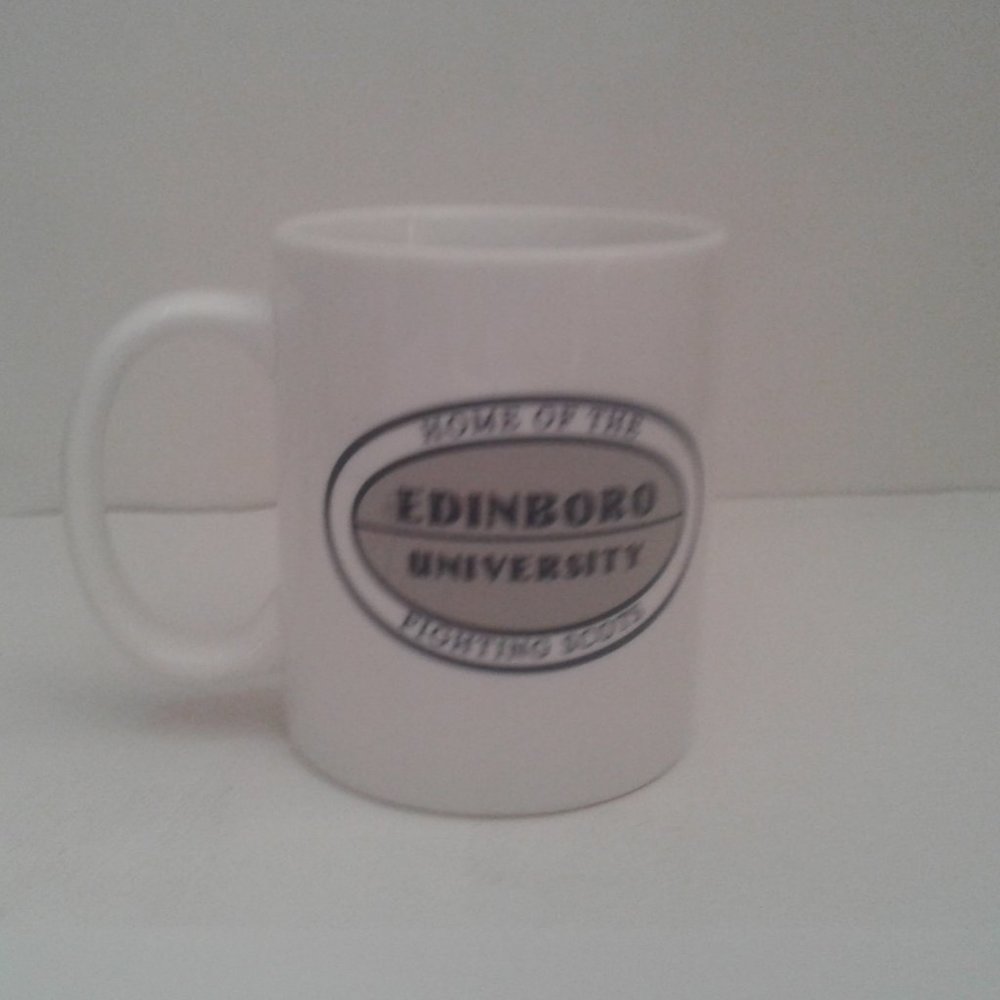 #EDINBORO PENN. UNIVERSITY FIGHTING SCOTS MUG - WHITE W BLUE LOGO MFG LINYI